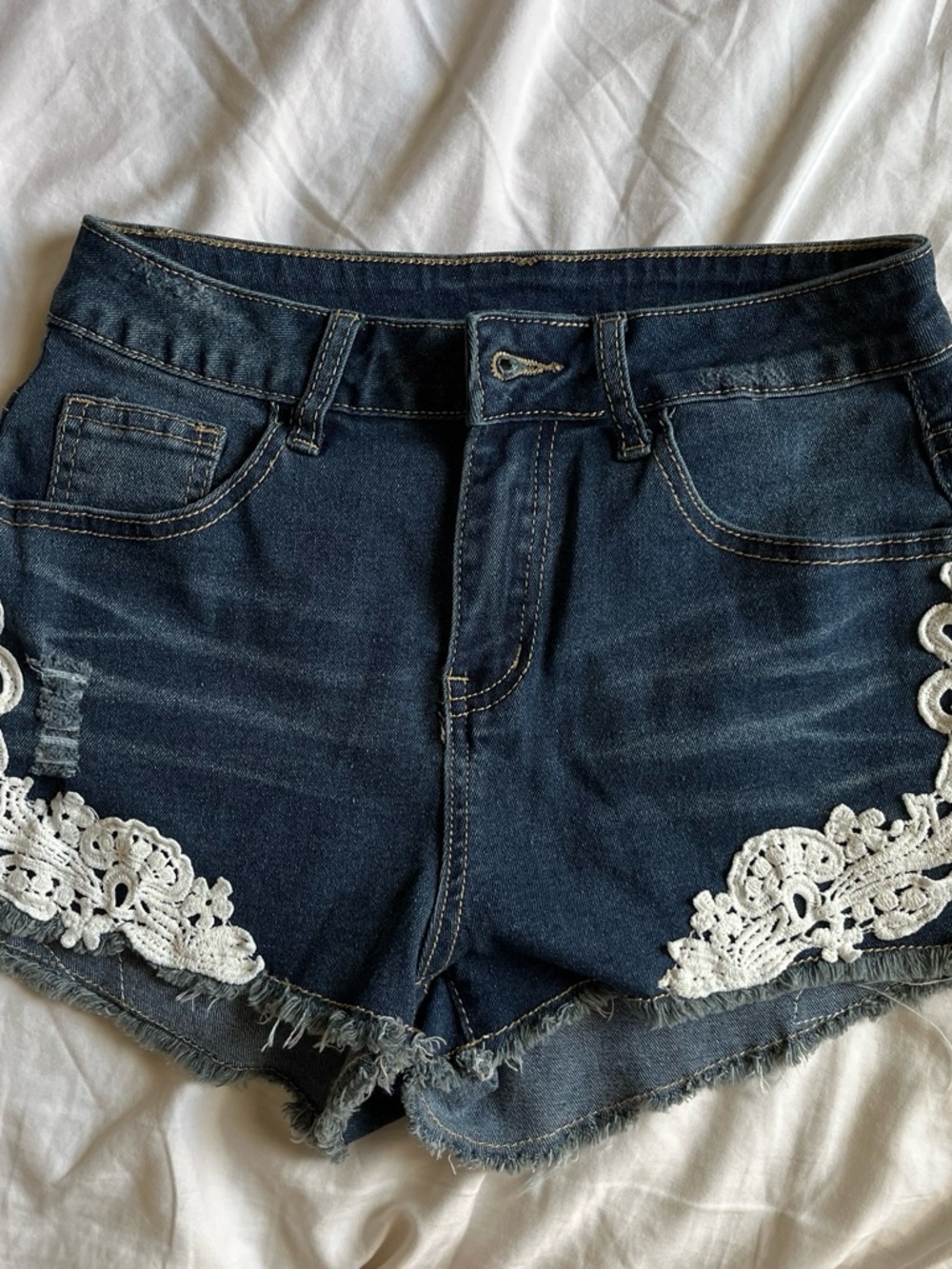 Dark Blue Denim Women's Shorts with White Floral Lace Trim Contrast